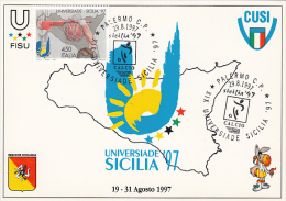 18490- SOCCER, BASKETBALL, SICILY'97 UNIVERSITY GAMES, MAXIMUM CARD, 1997, ITALY - Briefe U. Dokumente