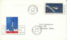 Space Theme Stamps, Space Needle Postmark Cancel, Project Mercury US Stamp, US 1st Manned Flight C1960s Vintage Postcard - Espace