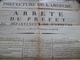 Rare Affiche Placard 2 X A3. Arrêté Ardèche Préfet Robert. Révolution An XIV. Rappel à L'ordre Pour Les Conscrits.Privas - Afiches