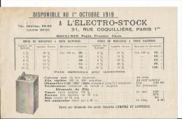 Publicité - Pub - L´électro-stock - Tarifs Au 1er Octobre 1919 - Paris Rue Coquillière - Electricité - Pubblicitari