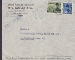 Egypt Egypte H. O. KOBLET & Co. Purple PAR AVION Line Cds. ALEXANDRIA 1948 Cover Lettre HELSINGBORG Sweden King Faruk - Posta Aerea