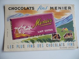 BUVARD Chocolat MENIER Lait Extra. Dessin A Helbé VACHES ALPAGE MONTAGNE ALPES. Années 50. ETAT TB - Cocoa & Chocolat