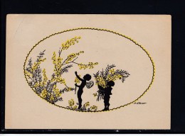 AK Scherenschnitt/Schattenbild- Zwei Elfen Beim Blumen Pflücken- Krte Gel.1942 - Silhouette - Scissor-type