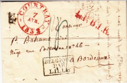 LAC De Courtrai Du 7.4.1832 + BELGIQUE PAR LILLE + L.F.B.I.R. Rouge - Entry Postmarks