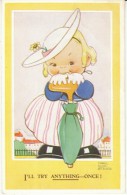 Mabel Lucie Attwell Artist Signed, 'I'll Try Anything -- Once' Girl With Umbrella, C1930s Vintage Postcard - Attwell, M. L.