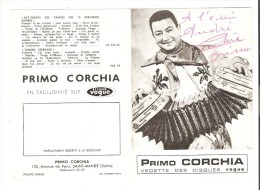 Carte Promotionnelle Double : PRIMO CORCHIA Accordéoniste  Vedette Des Disques Vogue - Autographe - Musique Et Musiciens