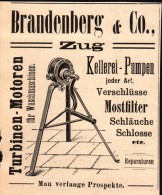 Original Werbung - 1911 - Brandenberg & Co. In Zug , Kellerei , Pumpen , Turbinen  !!! - Zug