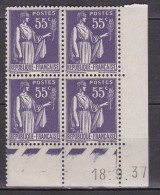 N° 363 Type Paix: Bloc De 4 Timbres Neuf En Coins Datés 18.9.37  55c Violet - 1930-1939