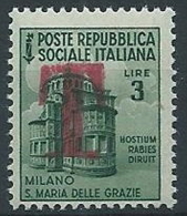 1944-45 RSI MONUMENTO DISTRUTTO 3 LIRE SEGNATASSE DI EMERGENZA MNH ** - W195 - Segnatasse