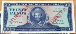 Billete MUESTRA De 1987, (SPECIMEN), De VEINTE PESOS, Crispy Gem-UNC. últimos Años De Ese Diseño. - Cuba