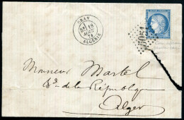 FRANCE - ROULETTE DU N° 60A DENTS MASSICOTÉS / D´ORAN LE 18/8/1874 POUR ALGER, LETTRE DÉFECTUEUSE MAIS TP TB - Coil Stamps