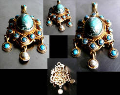 Très Beau Pendentif Impérial à Pampilles / Old Hungarian Gold-platted Silver, Turquoise And Pearl Pendent - Ringe