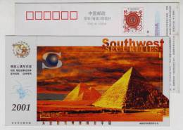 China 2001 Southwest Securities Company Advertising Pre-stamped Card Egypt Pyramids The Wealthy Pyramid - Egyptologie
