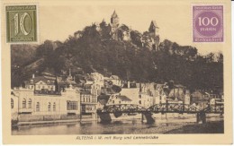 Altena Germany, Castle View Of Town And Lennebruecke Bridge, Stamps On Front, 1920s Vintage Postcard - Altena