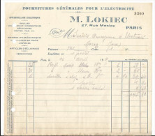 Facture - M . Lokiec - Rue De Meslay à Paris - Fournitures Générales Pour L'électricité - Elektrizität & Gas