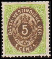 1876-1879. Bi-coloured. 5 C. Green/gray. Normal Frame. Perf. 14x13½. Second Print. (Michel: 10 I) - JF128225 - Dänisch-Westindien