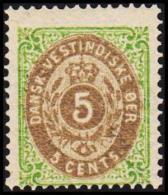 1876-1879. Bi-coloured. 5 C. Green/gray. Normal Frame. Perf. 14x13½. 6th Print Variety. (Michel: 10 I) - JF128233 - Dänisch-Westindien