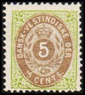1896-1906. Bi-coloured. 5 C. Green/blue. Inverted Frame. Perf. 12 3/4. 8th Print. (Michel: 19 II) - JF128236 - Dänisch-Westindien
