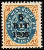 1905. Surcharge. 5 BIT On 4 C. Brown/blue Normal Frame. (Michel: 38 I) - JF128190 - Deens West-Indië