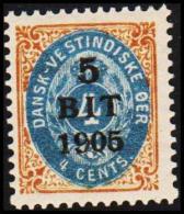 1905. Surcharge. 5 BIT On 4 C. Brown/blue Inverted Frame. Position 98. (Michel: 38 II) - JF128192 - Deens West-Indië