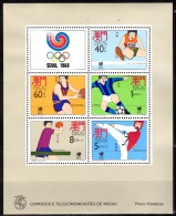 MACAU - (BLOCOS)1988, Jogos Olímpicos De Seoul.  (MUNDIFIL Nº 579-Bloco C/ Selos Nº 575/79)  ** MNH  MUNDIFIL BLOCO Nº 9 - Blocks & Sheetlets