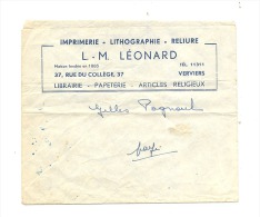 Lettre à Entête :  Imprimerie - Lithographie, Papeterie, Reliure,... L - M LEONARD à  VERVIERS - 1950 - ...