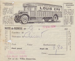 1934: Note De Remise De / Leveringsbon Van : ## Service Rapide LOUIS ERB, Paris ## à PICART, ... - Transportmiddelen