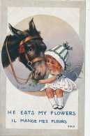 ENFANTS - LITTLE GIRL - ANE - Jolie Carte Fantaisie Fillette Et âne " He Heats My Flowers" Signée RIGHT - Right