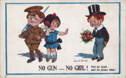 ENFANTS - LITTLE GIRL - GUERRE 1914-18 -  Jolie Carte Fantaisie Enfants " No Girl - No Gun ! " Signée DONALD MC GILL - Mc Gill, Donald