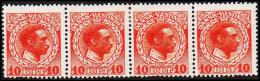 1915-1916. Chr. X. 10 Bit Red. Variety. Strip Of Four, 2 Stamps Never Hinged. (Michel: 50) - JF128298 - Dänisch-Westindien