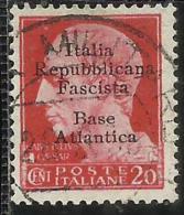 ITALIA REGNO REPUBBLICA SOCIALE ITALIANA FASCISTA BASE ATLANTICA 1943 SOPRASTAMPATO CENT. 20c USATO USED OBLITERE' - Emissions Locales/autonomes