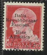 ITALIA REGNO REPUBBLICA SOCIALE ITALIANA FASCISTA BASE ATLANTICA 1943 SOPRASTAMPATO CENT. 20 USATO USED OBLITERE' - Emissions Locales/autonomes