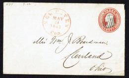1861  Threee Cent Washington Prestamped Envelope New Haven CT To Cleveland OH    Sc U5   CV $900 - ...-1900