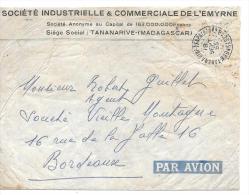 LETTRE  DE TANANARIVE  AVEC REPIQUAGE Sté INDUS & COMMERCIALE DE L'EMYRNE ...TIMBRES AU DOS..PAR AVION. 1953.SCAN. - Storia Postale