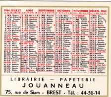 CALENDRIER - 1964 - LIBRAIRIE JOUANNEAU - 75 Rue Du Siam - BREST - Tamaño Pequeño : 1961-70