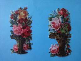 Lot De 2 Chromos Anciens "Vases De Roses" - Fleurs