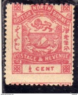 BRITISH NORTH BORNEO BORNEO DEL NORD 1886 VARIETY VARIETÀ COAT OF ARMS STEMMA ARMOIRIES CENT. 1/2c MLH - Noord Borneo (...-1963)