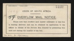 SOUTH AFRICA "OVERFLOW MAIL" NOTICE - Zonder Classificatie