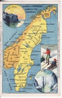 Carte Postale DESSIN-Publicité Amidon REMY-Carte De La NORVEGE-NORWAY-SUEDE-ZWEDEN-Skieur-Ski-Luge-CAP NORD-FIORD - Norvège