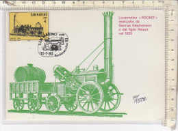 PO1855D# SAN MARINO - CELEBRAZIONI DI GEORGE STEPHENSON - LOCOMOTIVA ROCKET - ANNULLO SPECIALE BARDONECCHIA 1983/TRENI - Storia Postale