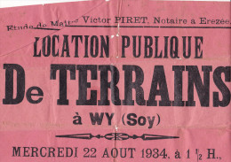 14638# TIMBRE FISCAL SUR AFFICHE LOCATION PUBLIQUE DE TERRAIN A WY ( SOY ) 1934 NOTAIRE à EREZEE - Dokumente