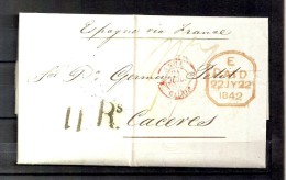 1842 GRAN BRETAÑA, CARTA COMPLETA CIRCULADA ENTRE LONDRES Y  CÁCERES, VIA FRANCIA. - Storia Postale