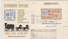 20960- FIRST INTERNATIONAL POSTAL CONFERENCE ANNIVERSARY, POSTCHASE, SPAIN EXILE, COVER FDC, 1963, ROMANIA - Lettres & Documents