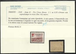 TRIESTE B 1948 SOPRASTAMPA ROSSA JUGOSLAVIA YUGOSLAVIA RED SURCHARGE CROCE ROSSA RED CROSS 2 L SU 0.50 D MLH CERTIFICATO - Ungebraucht