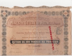 20- CORSE - ACTION DE 100 FRANCS MINES DE CUIVRE DE PRUNELLI- 1906 COMPLETE DE SES COUPONS - Autres & Non Classés