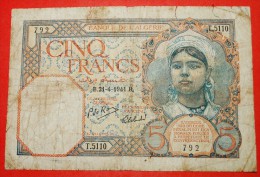 * BOATS & VEILED WOMAN: ALGERIA ★ 5 FRANCS 1941 WITHOUT SERIAL #!  LOW START★NO RESERVE! - Algeria