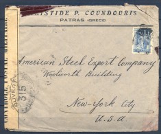 1916 GRECIA, INTERESANTE SOBRE COMERCIAL CIRCULADO ENTRE PATRAS Y NEW YORK, CENSURAS ITALIANAS Y FRANCESAS - Storia Postale