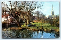 POSTCARD PULLS FERRY AND THE CATHEDRAL NORWICH  KN 141 FEEDING SWANS COLOUR CARD STAMPED UNCIRCULATED - Norwich