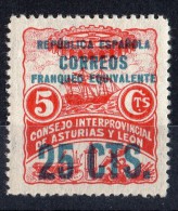 Año 1937 - Asturias Y Leon - Sobrecarga  - 25 Cts Sobre 5 Cts - Sofima 8  () Spain Civil War    Guerre Civile Espagne - Asturië & Leon