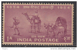 INDIA, 1954, Postage Stamp Centenary, Set 4 V, Mail, Airmail, Transport, Postman, Camel, Bullock Cart,  1 A,  MNH, (**) - Unused Stamps